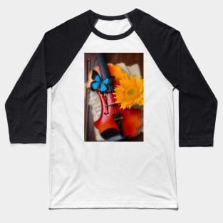 Blue Butterfly On Baroque Violin With Sunflower Baseball T-Shirt